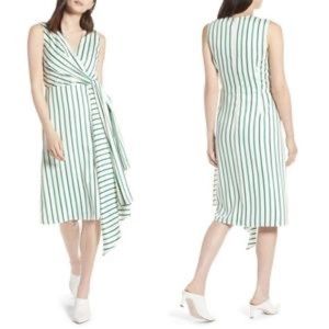 Halogen Draped Faux Wrap Stripped Green Dress XS
